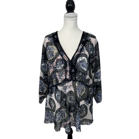 Bay Studio Career Blouse Plus Size 2X Sheer Boho V Neck Floral Lace Tunic Top - Picture 1 of 10